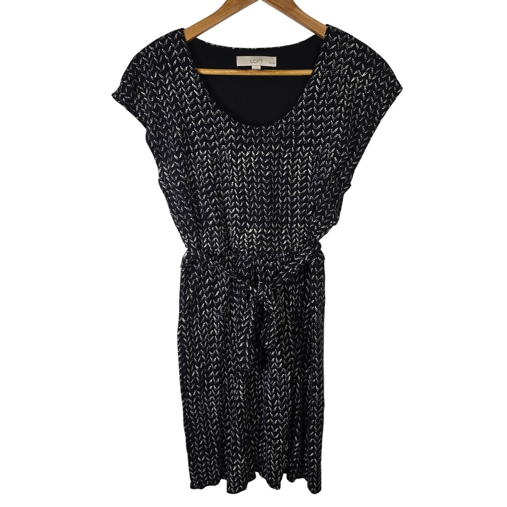 LOFT Petites Black & Gold Belted Chevron Print Tie Waist Wrap Dress Size XSP